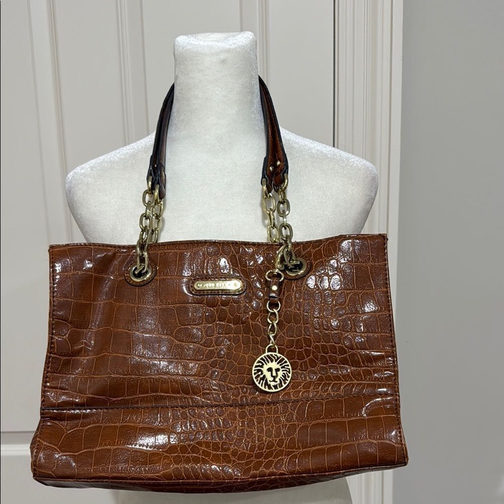 Anne Klein Croc Style Brown Shoulder Bag with Gold Hardware